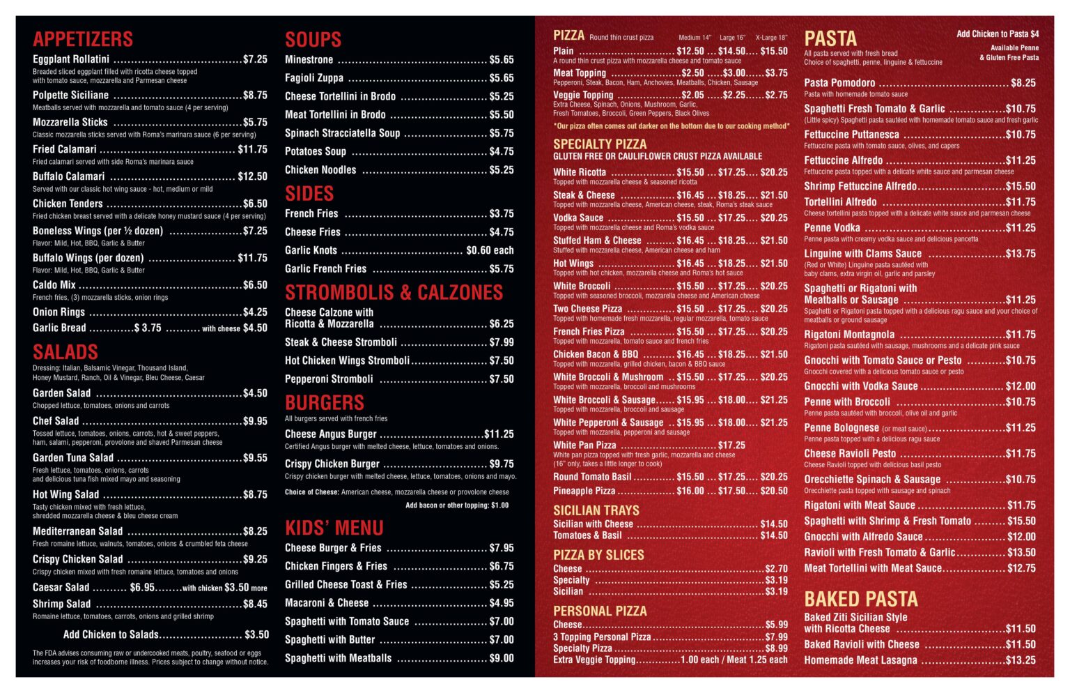 roma table italian kitchen menu with prices