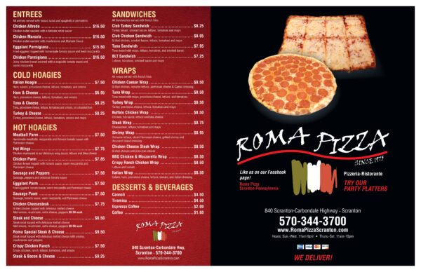 A pizza menu with many different types of pizzas.