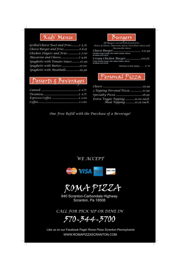 A black and white pizza menu with credit cards.