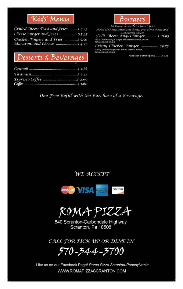 A restaurant menu with credit cards and visa.