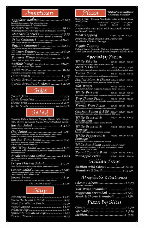 A menu of the restaurant, with prices.