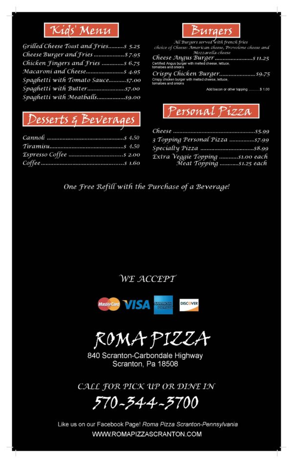 A menu for roma pizza with credit cards.